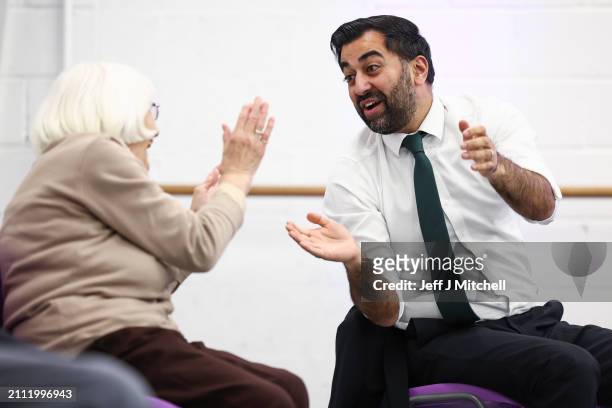 First Minister Humza Yousaf takes part in a dance performance during a visit to DN Studios on March 25, 2024 in Edinburgh, Scotland. The First...