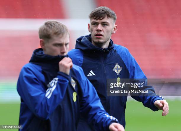 Conor Bradley of Northern Ireland is seen during a training session at Hampden Park on March 25, 2024 in Glasgow, Scotland.