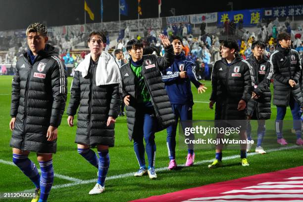 Japan team celebrates winning during the U-23 international friendly match between Japan and Ukraine at Mikuni World Stadium Kitakyushu on March 25,...