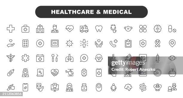 healthcare and medical line icons. editable stroke. contains such icons as nurse, prescription, ambulance, insurance, hospital, insurance, medicine, mental health, doctor, pharmacy, insurance, dental health, vaccination, flu and cold, human anatomy. - functional magnetic resonance imaging brain stock illustrations