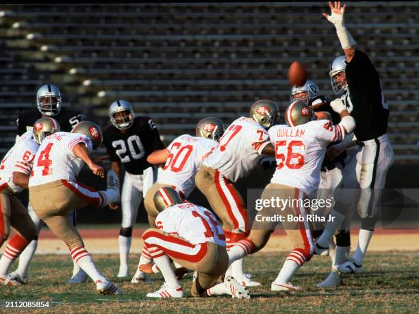 Los Angeles Raiders Defensive End Ted Hendricks goes high to block a field goal during game action of Los Angeles Raiders vs San Francisco 49'ers,...