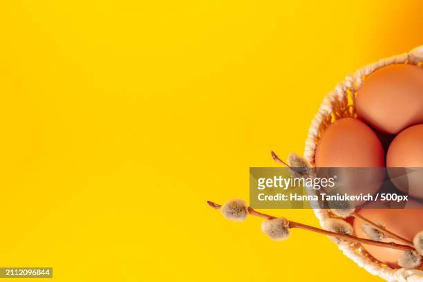 close-up of eggs in basket against yellow background - holy week banner stock pictures, royalty-free photos & images
