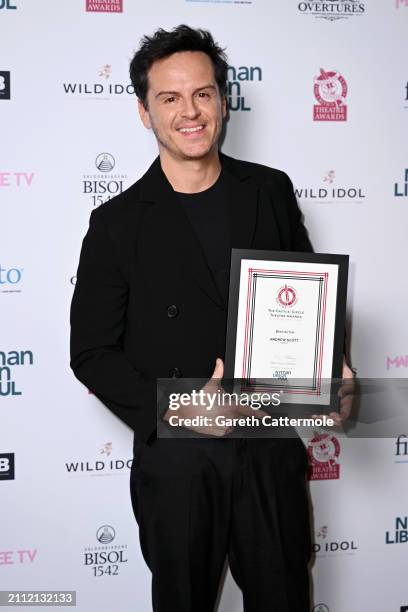 Andrew Scott poses with the Best Actor award during the 33rd Annual UK Critics' Circle Theatre Awards at @sohoplace on March 25, 2024 in London,...