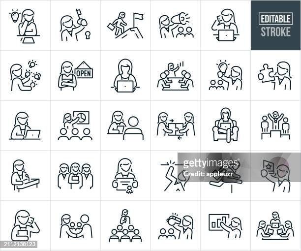 female business leaders, business owners and businesswomen thin line icons - editable stroke - trains moving forward stock illustrations