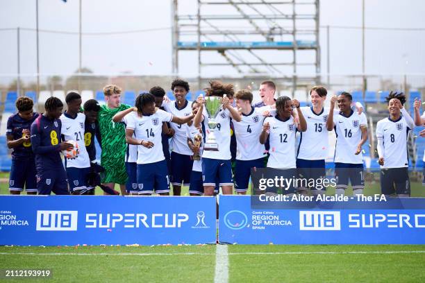 Team of England lifts the champion trophy during the Men's U18 International match between England U18 and Netherlands U18 at Pinatar Arena on March...