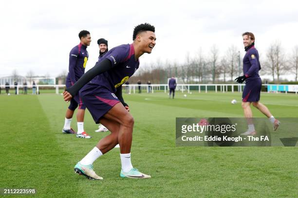 Ollie Watkins of England reacts during a training session at Tottenham Hotspur Training Centre on March 25, 2024 in Enfield, England.