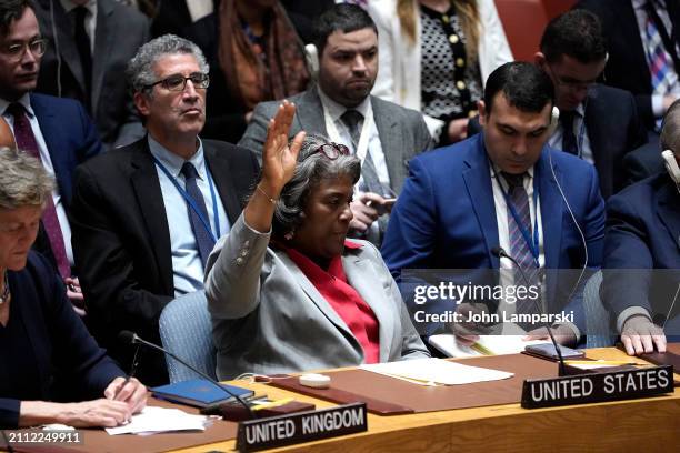 Permanent US Ambassador to the UN Linda Thomas Greenfield votes during a UN Security Council meeting for a ceasefire vote in Gaza at the United...