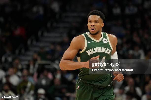 Giannis Antetokounmpo of the Milwaukee Bucks in action during the second half against the Oklahoma City Thunder at Fiserv Forum on March 24, 2024 in...