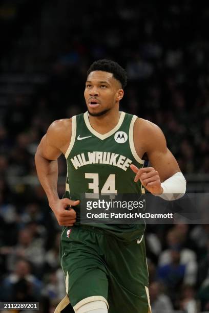 Giannis Antetokounmpo of the Milwaukee Bucks in action during the second half against the Oklahoma City Thunder at Fiserv Forum on March 24, 2024 in...