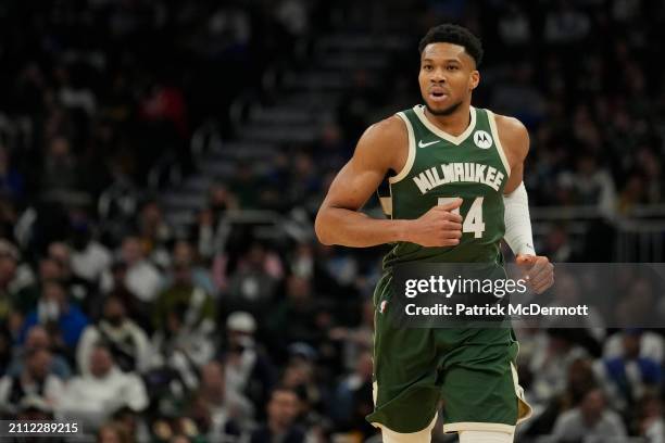 Giannis Antetokounmpo of the Milwaukee Bucks in action during the second half against the Oklahoma City Thunder at Fiserv Forum on March 24, 2024 in...