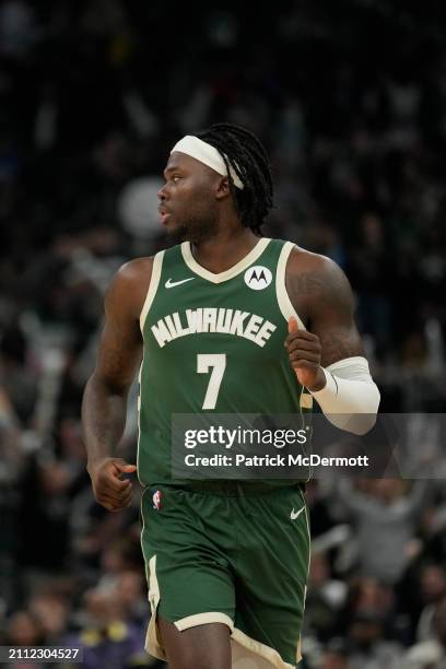 Chris Livingston of the Milwaukee Bucks in action during the second half against the Oklahoma City Thunder at Fiserv Forum on March 24, 2024 in...