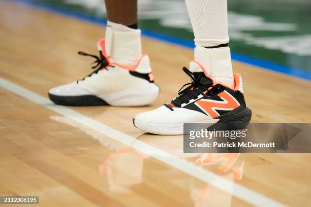 Detail view of the basketball shoes worn by Chris Livingston of the Milwaukee Bucks during the second half against the Oklahoma City Thunder at...