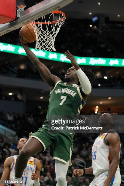 Chris Livingston of the Milwaukee Bucks shoots the ball during the second half against the Oklahoma City Thunder at Fiserv Forum on March 24, 2024 in...