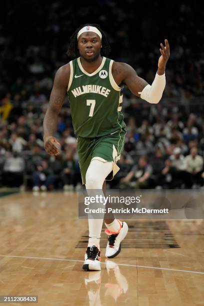 Chris Livingston of the Milwaukee Bucks reactsduring the second half against the Oklahoma City Thunder at Fiserv Forum on March 24, 2024 in...