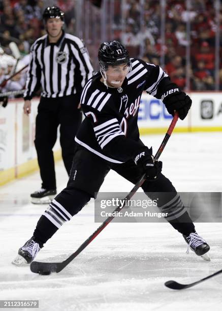 Simon Nemec of the New Jersey Devils in action against the Ottawa Senators during the first period at the Prudential Center on March 23, 2024 in...