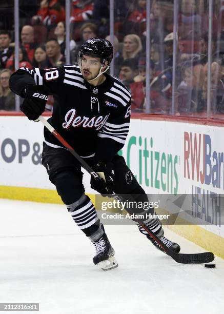 Kevin Bahl of the New Jersey Devils in action against the Ottawa Senators during the first period at the Prudential Center on March 23, 2024 in...