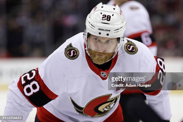 Claude Giroux of the Ottawa Senators during a break in action against the New Jersey Devils during the third period at the Prudential Center on March...