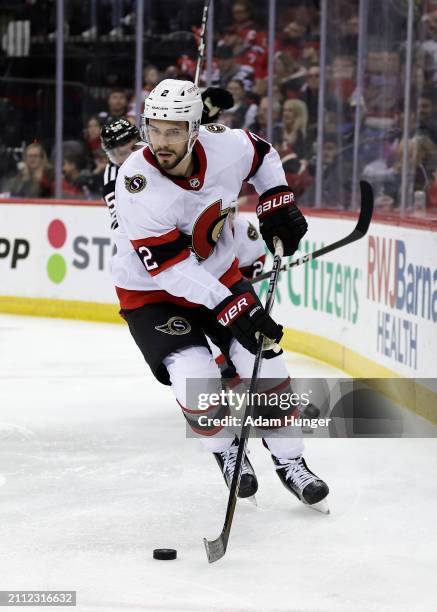 Artem Zub of the Ottawa Senators in action against the New Jersey Devils during the second period at the Prudential Center on March 23, 2024 in...