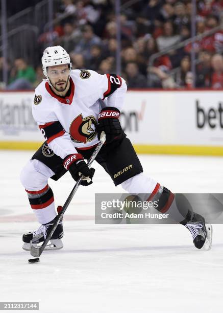 Artem Zub of the Ottawa Senators in action against the New Jersey Devils during the first period at the Prudential Center on March 23, 2024 in...