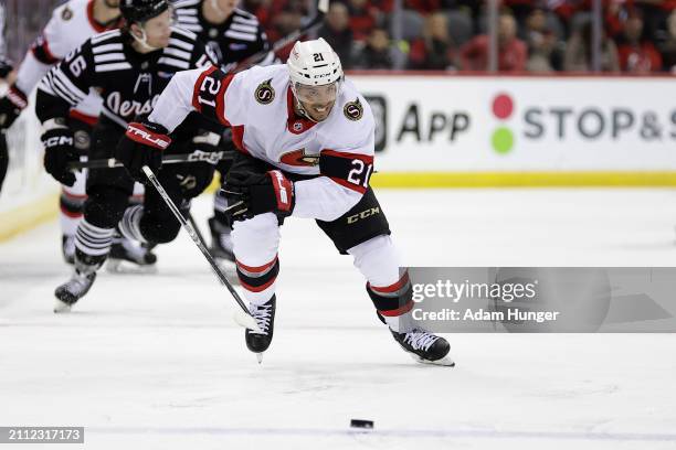 Mathieu Joseph of the Ottawa Senators in action against the New Jersey Devils during the first period at the Prudential Center on March 23, 2024 in...