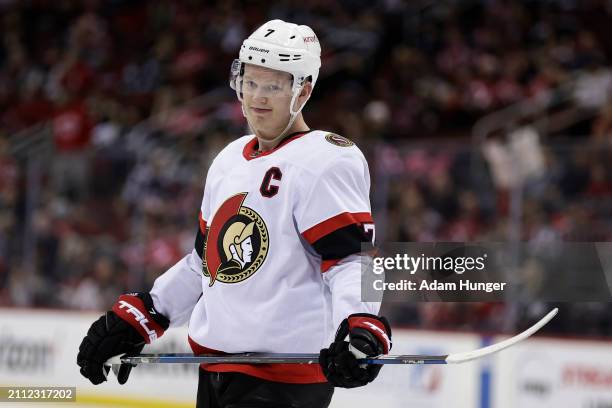 Brady Tkachuk of the Ottawa Senators during a break in action against the New Jersey Devils during the third period at the Prudential Center on March...