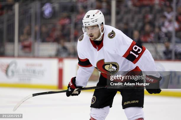 Drake Batherson of the Ottawa Senators during a break in action against the New Jersey Devils during the third period at the Prudential Center on...