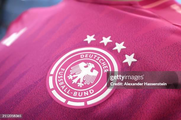 The new team Germany adidas away match jersey is displayed during a press conference of team Germany at DFB Campus on March 25, 2024 in Frankfurt am...