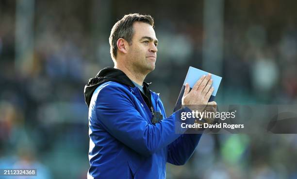 Johann van Graan, the Bath Rugby head of rugby, applauds the crowd after their victory during the Gallagher Premiership Rugby match between Bath...