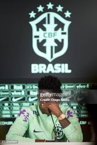 Vinicius Junior of Brazil cries whilst discussing racism during a press conference ahead of the friendly match between Spain and Brazil at Estadio...
