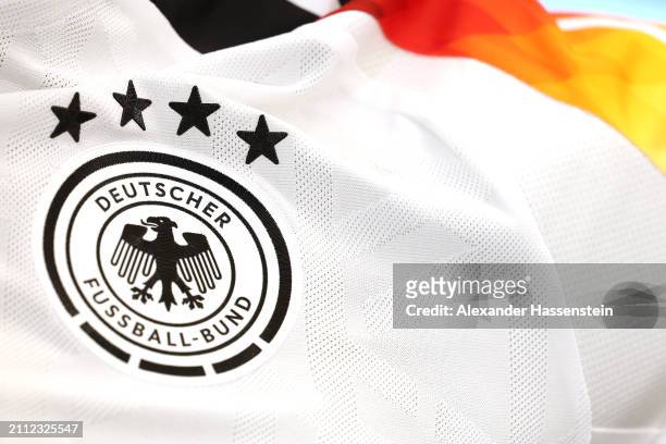 The new team Germany adidas home match jersey is displayed during a press conference of team Germany at DFB Campus on March 25, 2024 in Frankfurt am...