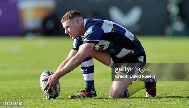 Finn Russell of Bath lines up a conversion during the Gallagher Premiership Rugby match between Bath Rugby and Sale Sharks at the Recreation Ground...