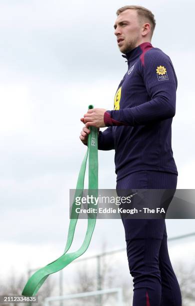 Jarrad Branthwaite of England looks on during a training session at Tottenham Hotspur Training Centre on March 25, 2024 in Enfield, England.