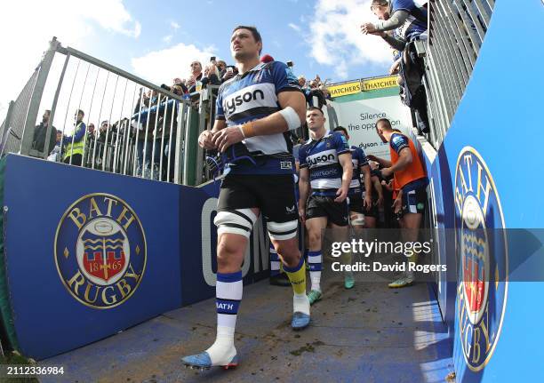 Quinn Roux of Bath walks onto the field during the Gallagher Premiership Rugby match between Bath Rugby and Sale Sharks at the Recreation Ground on...