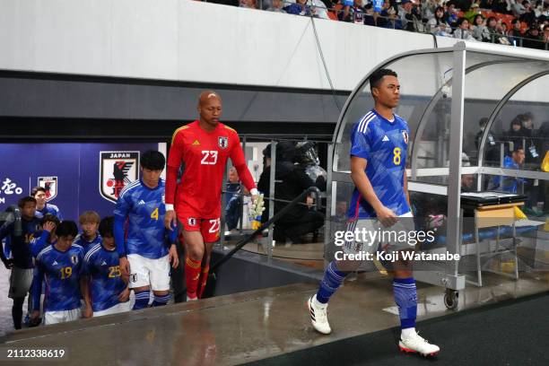 Joel Chima Fujita of Japan leads his side out to the pitch prior to during the U-23 international friendly match between Japan and Ukraine at Mikuni...