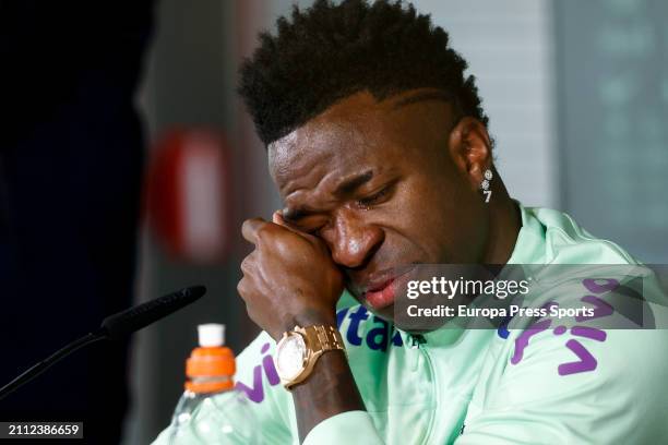 Vinicius Junior breaks down and cries during his press conference during the training session of Brazil Team prior the friendly match against Spain...