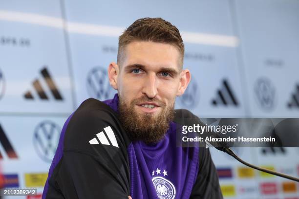 Robert Andrich of Germany attends a press conference at DFB Campus on March 25, 2024 in Frankfurt am Main, Germany.
