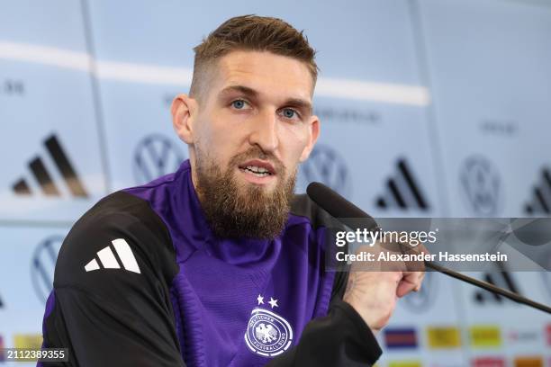 Robert Andrich of Germany attends a press conference at DFB Campus on March 25, 2024 in Frankfurt am Main, Germany.