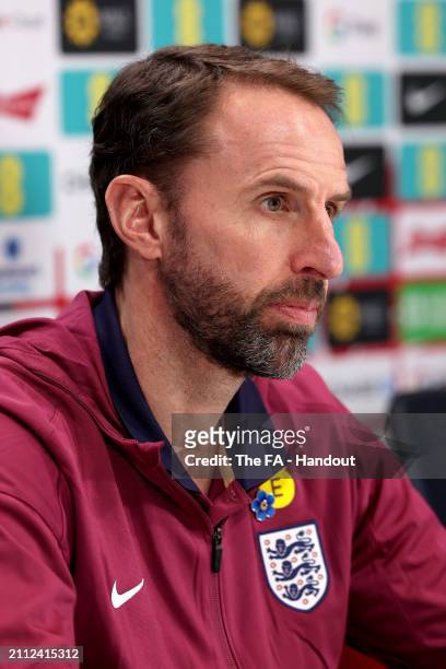 Gareth Southgate, Manager of England men's senior team, speaks to the media during a press conference at Tottenham Hotspur Training Centre on March...