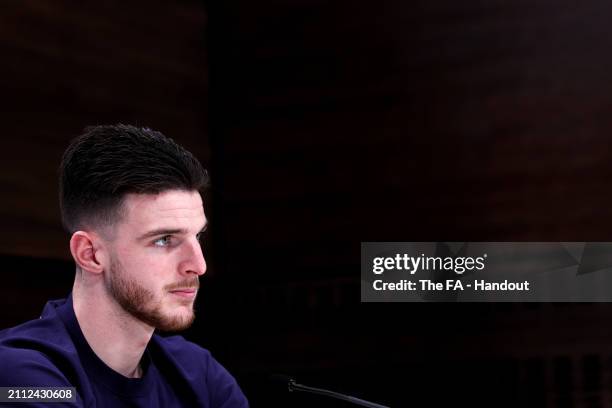 Declan Rice of England speaks to the media during a press conference at Tottenham Hotspur Training Centre on March 25, 2024 in Enfield, England.