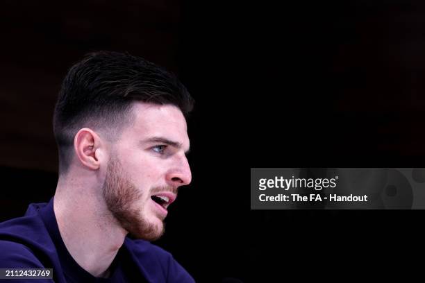 Declan Rice of England speaks to the media during a press conference at Tottenham Hotspur Training Centre on March 25, 2024 in Enfield, England.