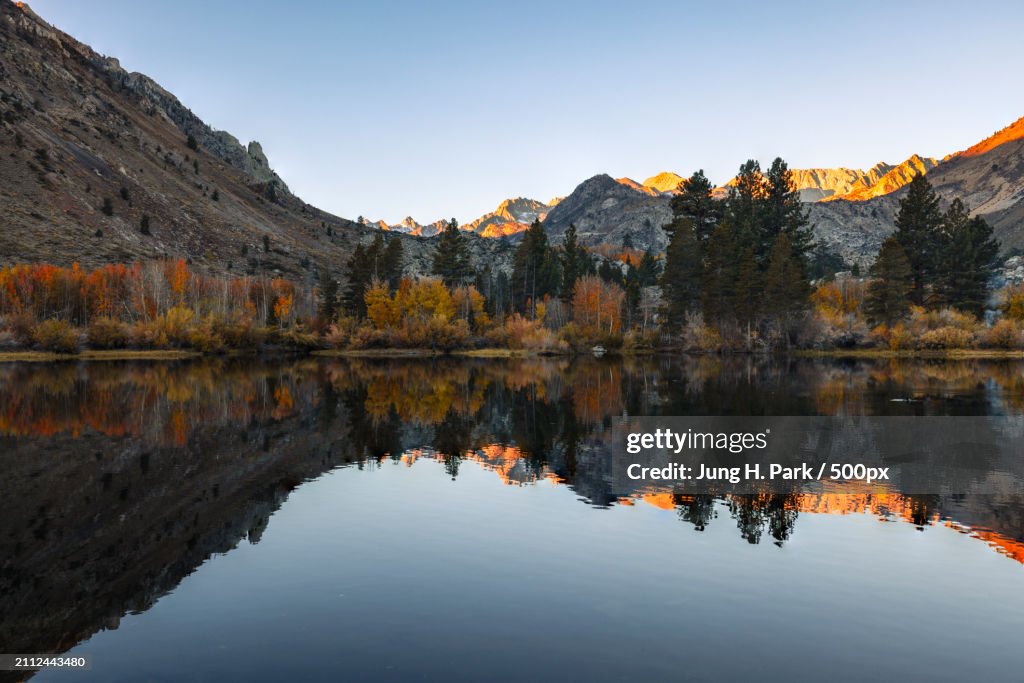Scenic view of lake by trees against sky,Bishop,California,United States,USA