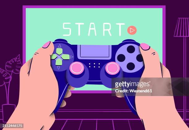 hands of woman holding gamepad and playing video game at home - perspective stock illustrations