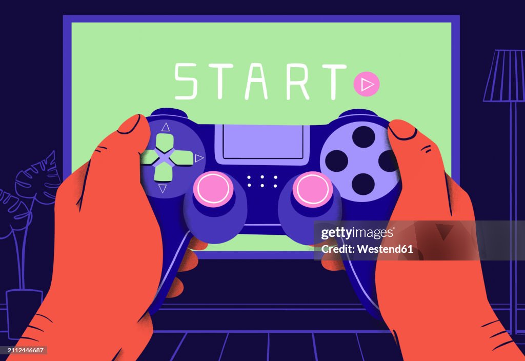 Hands of person using joystick to play video game at home