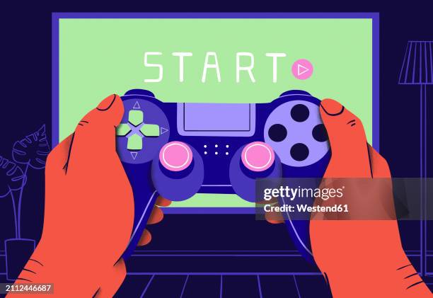 hands of person using joystick to play video game at home - video game controller stock illustrations