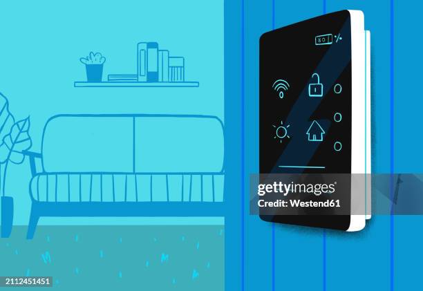 modern smart home device mounted on wall - mobile app stock illustrations