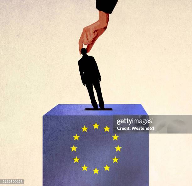 stockillustraties, clipart, cartoons en iconen met oversized hand putting silhouette of man inside ballot box - stembus