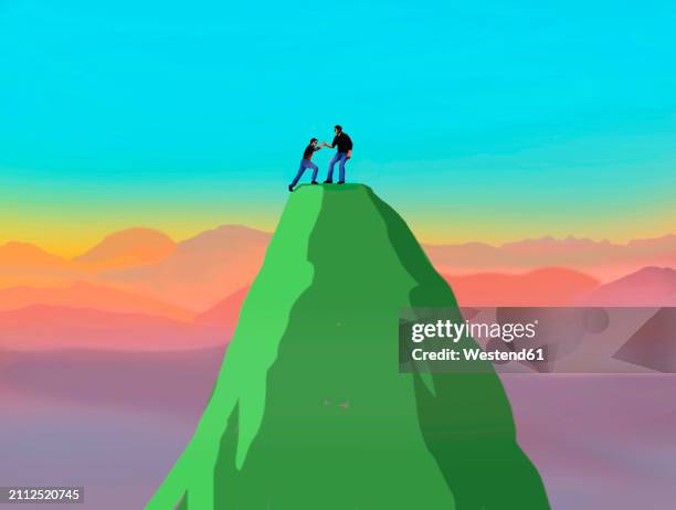 man helping another man reach mountaintop - helping hand mountain stock illustrations