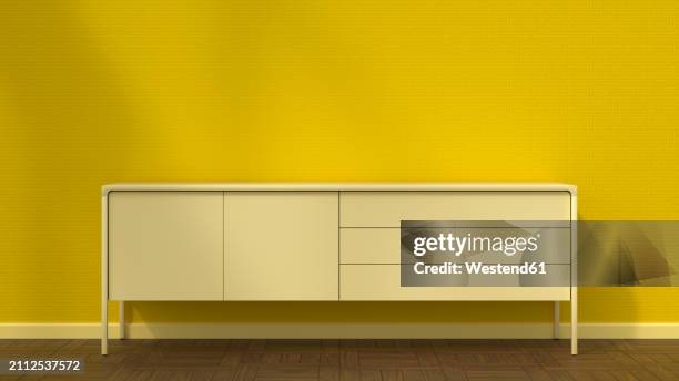 3d render of yellow cabinet standing along yellow wall - anrichte stock-grafiken, -clipart, -cartoons und -symbole