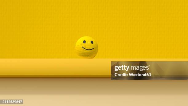 3d render of smiley face sphere standing against yellow background - anthropomorphic face stock illustrations