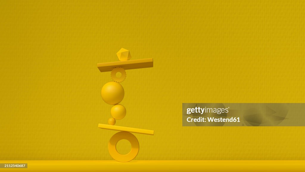 3d Render Of Stack Of Geometric Objects Balancing Against Yellow ...